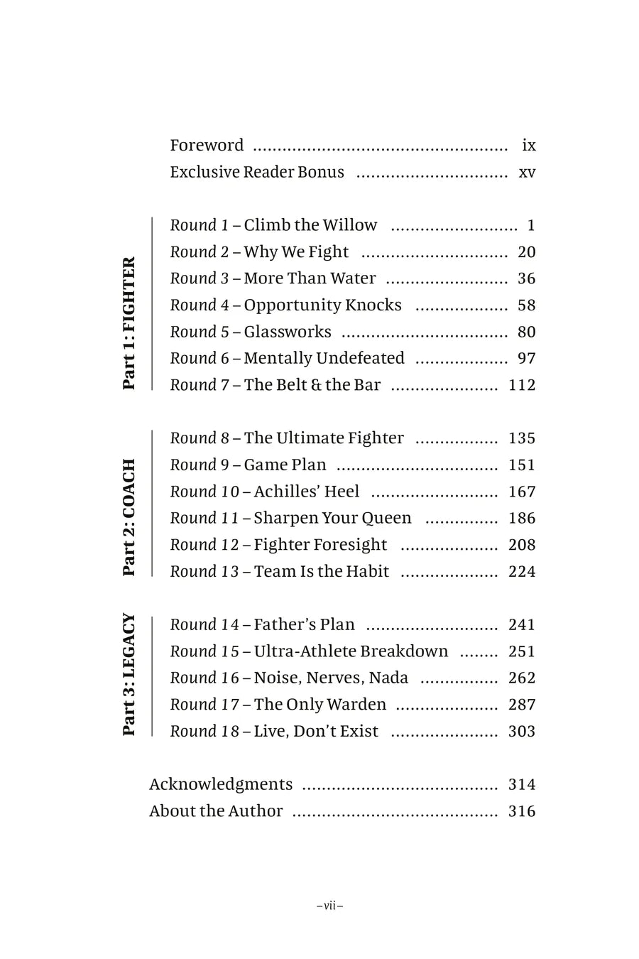 Table of contents listing 18 rounds in three parts
