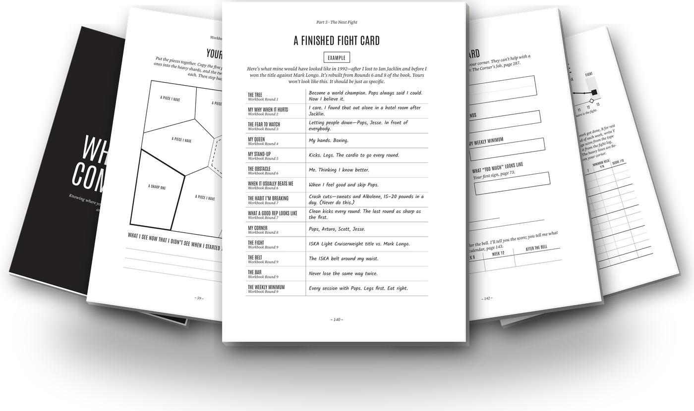 Real pages from the workbook: the rules, the 13-week camp, your game plan, your fight card and your corner card.