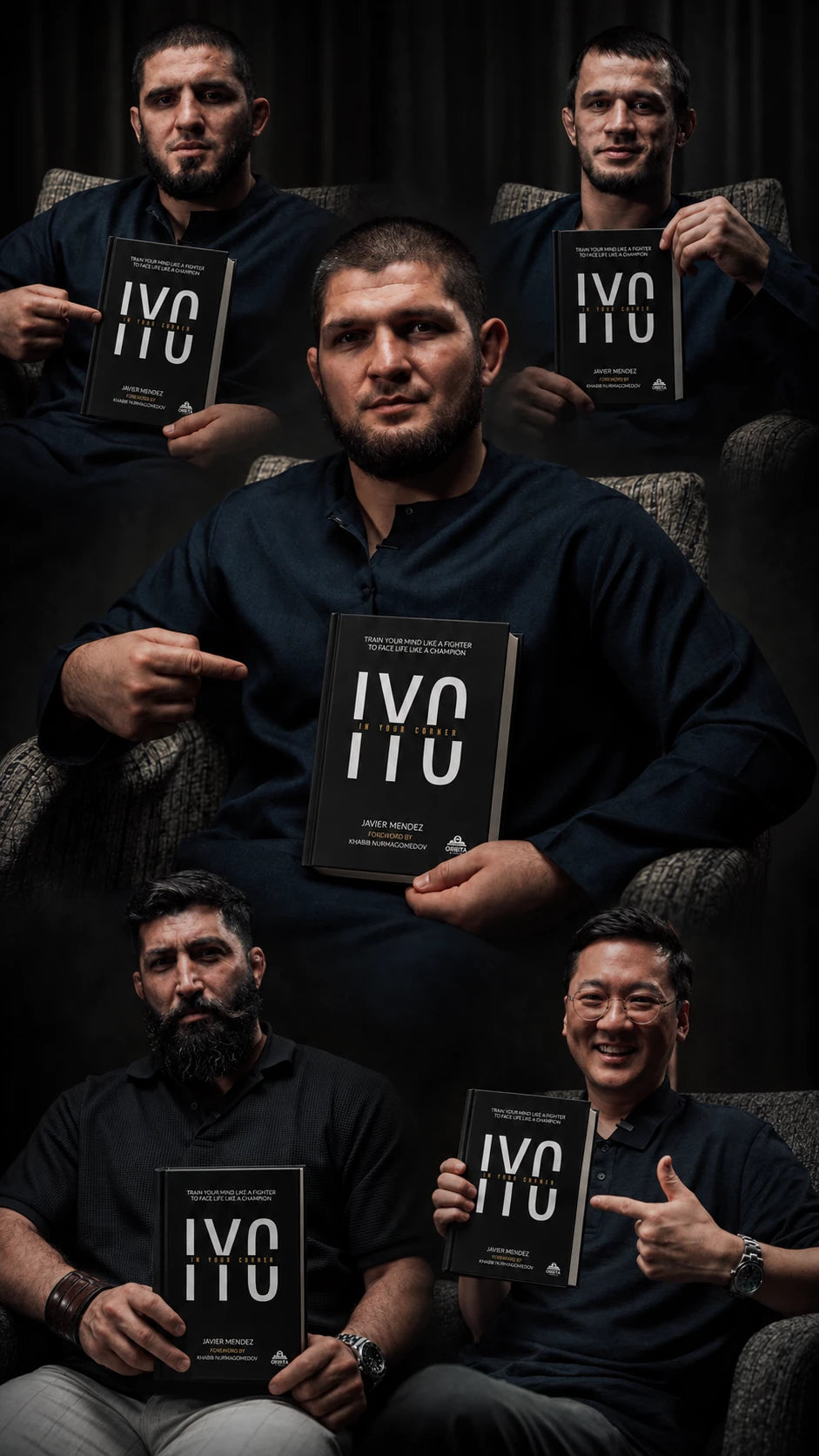 Khabib Nurmagomedov, Islam Makhachev, Usman Nurmagomedov and champions holding In Your Corner
