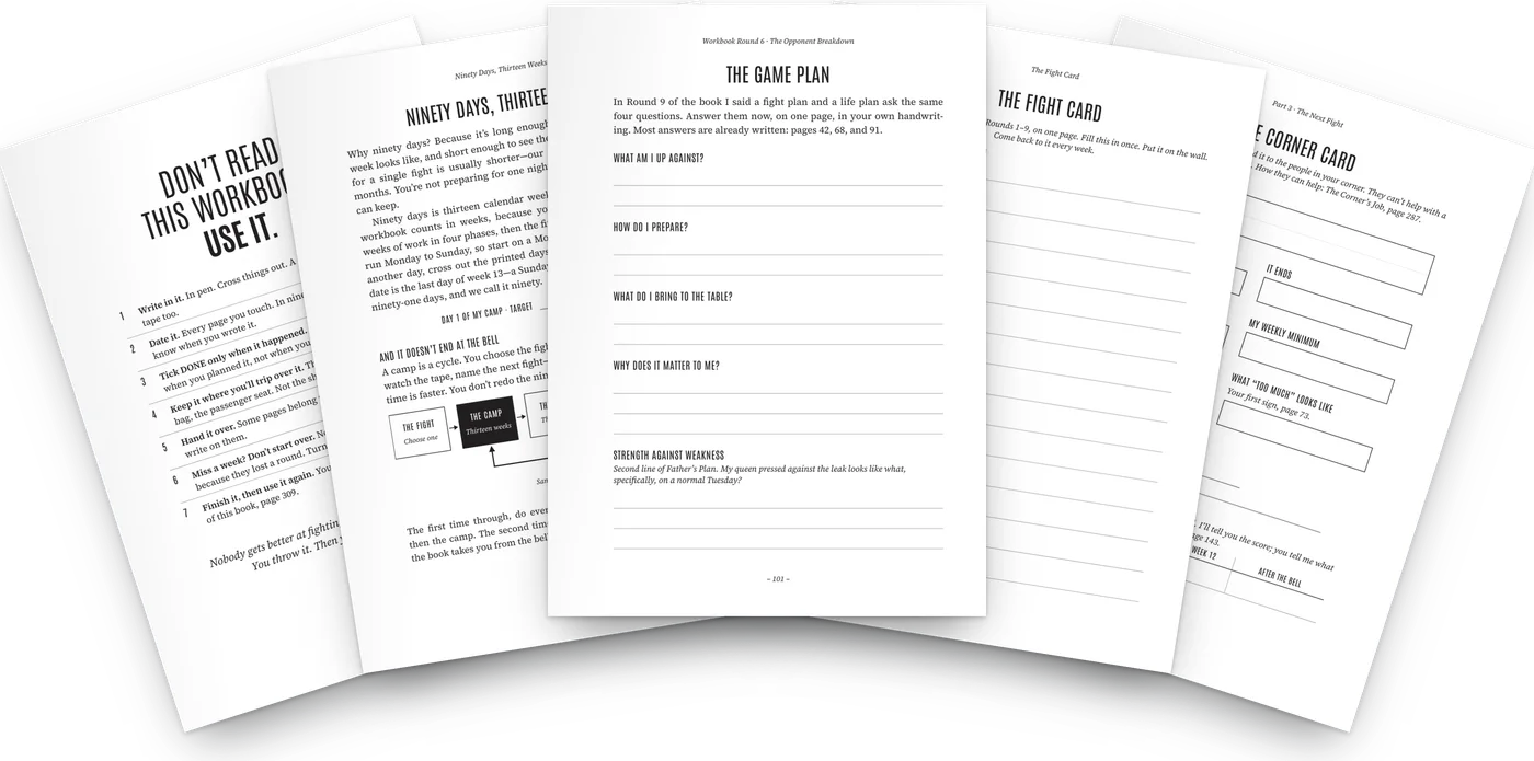 Real workbook pages: the rules, the 13-week camp, the game plan, the fight card and the corner card